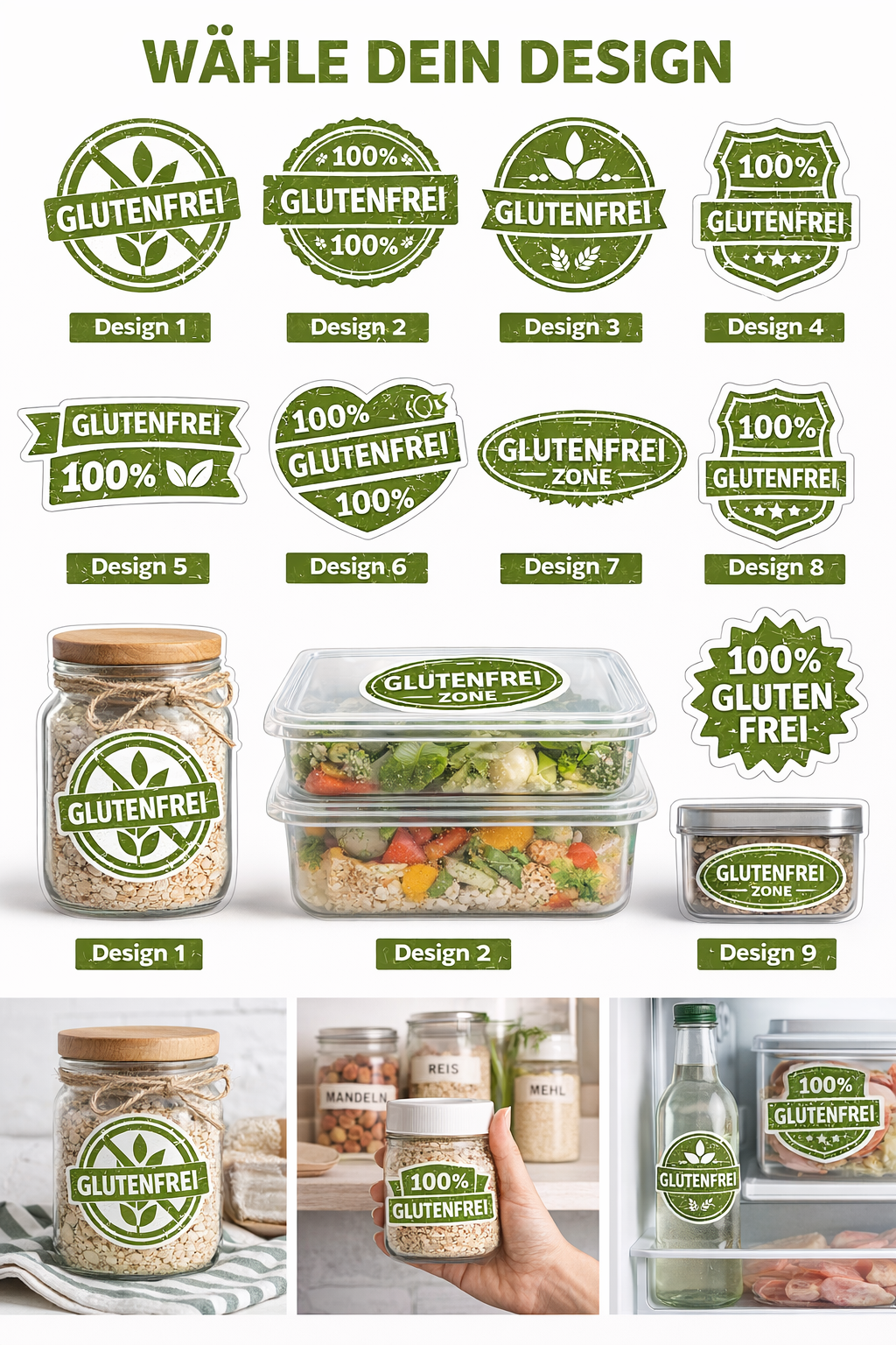 Glutenfrei Sticker | 9 Designs Auswahl | Küchen Aufkleber | Vorratsglas Label | Gluten Free Sticker | Lebensmittel Kennzeichnung