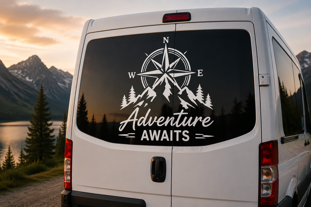Adventure Awaits Autoaufkleber Camper Aufkleber Berge Kompass Wohnmobil Sticker Outdoor Camping Vanlife Heckscheibe Wunschgröße