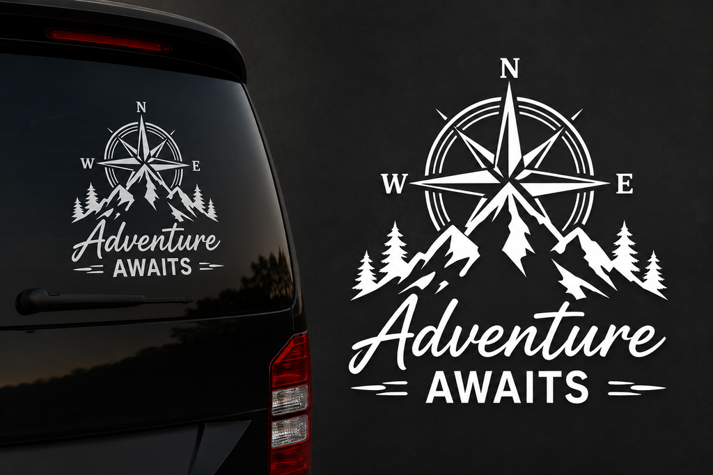 Adventure Awaits Autoaufkleber Camper Aufkleber Berge Kompass Wohnmobil Sticker Outdoor Camping Vanlife Heckscheibe Wunschgröße