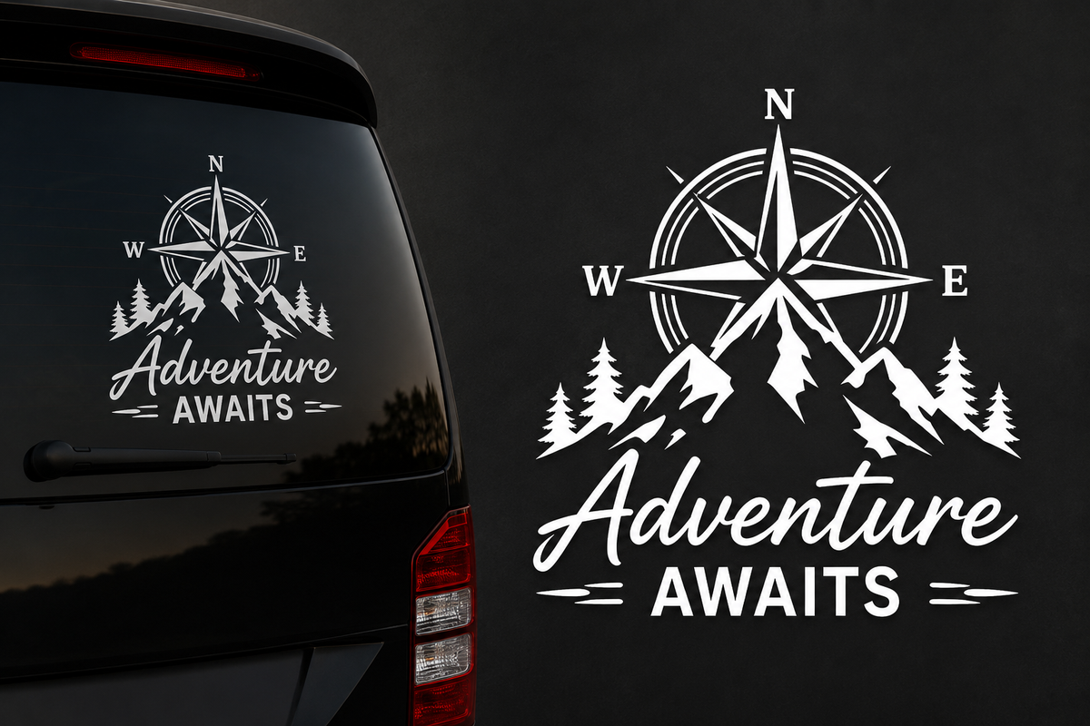 Adventure Awaits Autoaufkleber Camper Aufkleber Berge Kompass Wohnmobil Sticker Outdoor Camping Vanlife Heckscheibe Wunschgröße