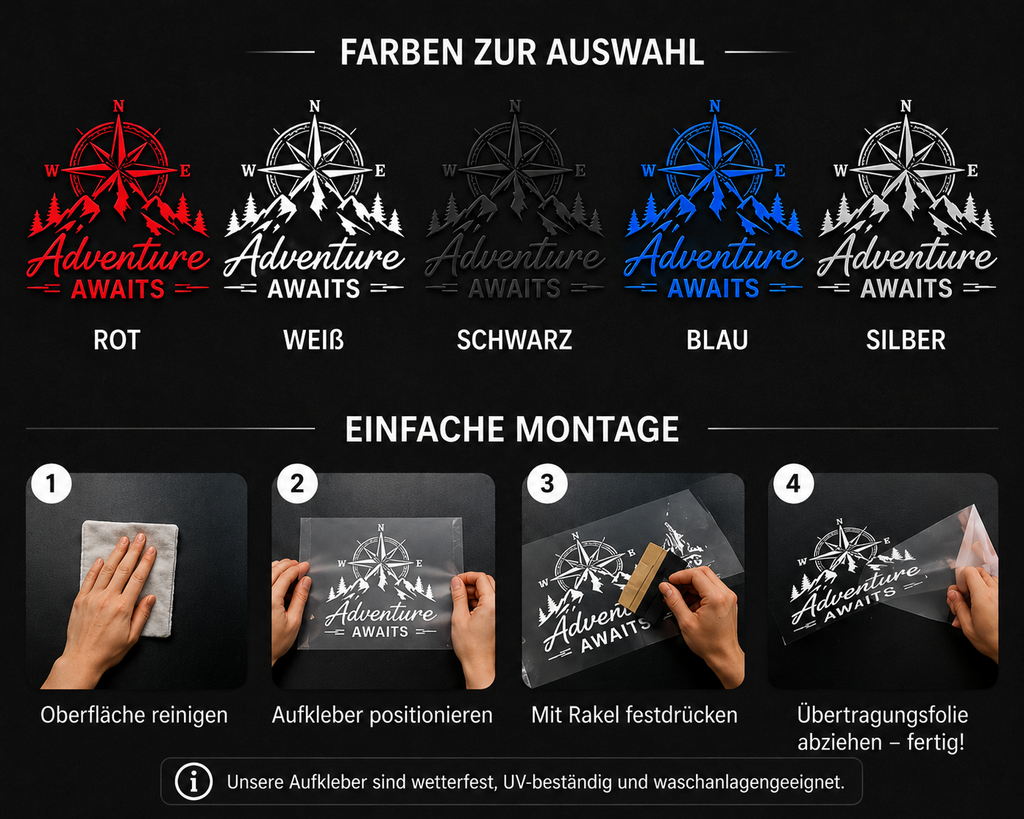 Adventure Awaits Autoaufkleber Camper Aufkleber Berge Kompass Wohnmobil Sticker Outdoor Camping Vanlife Heckscheibe Wunschgröße