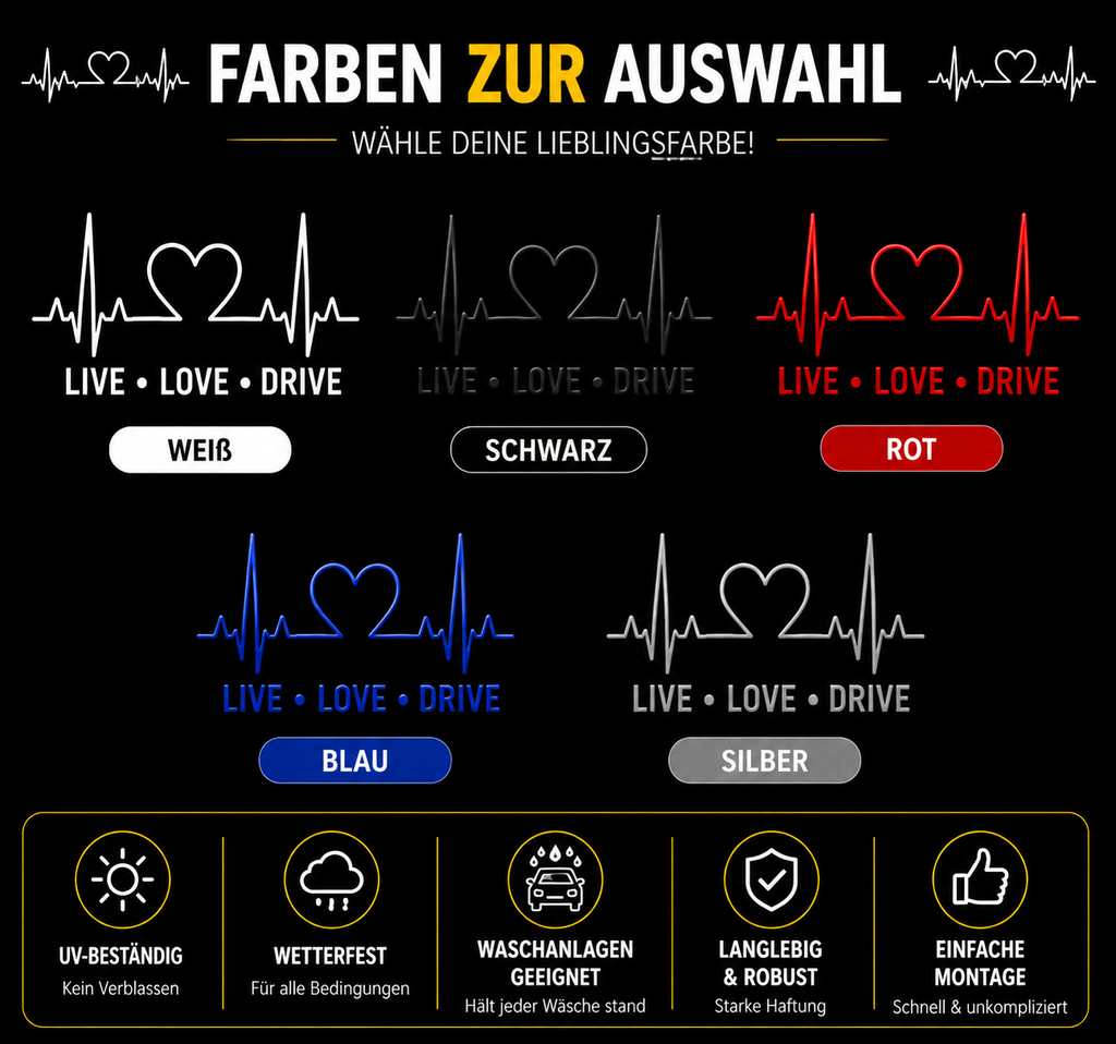 Live Love Drive Autoaufkleber | Herzschlag Sticker | Auto Liebe Aufkleber | Herz EKG Linie | Heckscheibe Sticker | Wunschgröße