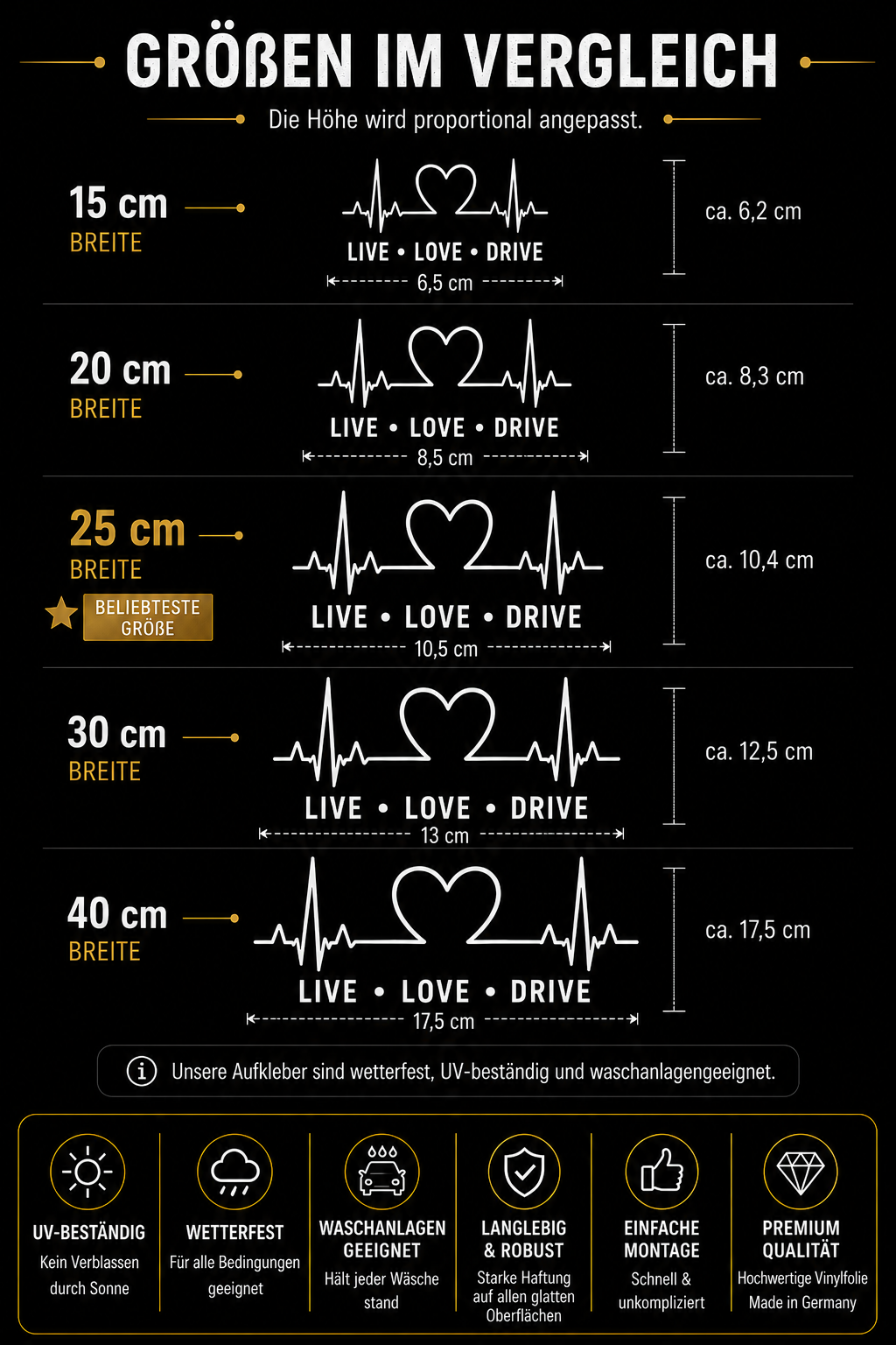 Live Love Drive Autoaufkleber | Herzschlag Sticker | Auto Liebe Aufkleber | Herz EKG Linie | Heckscheibe Sticker | Wunschgröße
