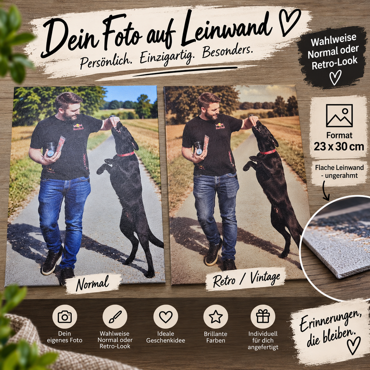 Personalisierte Fotoleinwand mit eigenem Foto | Normal oder Vintage Retro Look | Leinwand mit Wunschbild | Fotogeschenk