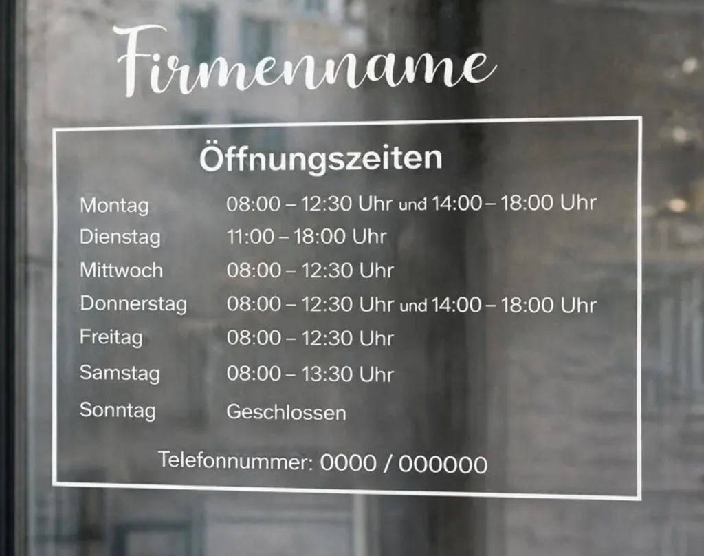 Öffnungszeiten Aufkleber nach Wunsch – Türbeschriftung Schaufenster – Firmen Beschriftung Laden – Öffnungszeiten Sticker Geschäft