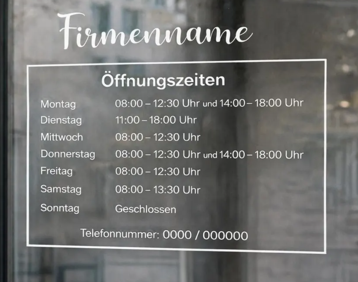 Öffnungszeiten Aufkleber nach Wunsch – Türbeschriftung Schaufenster – Firmen Beschriftung Laden – Öffnungszeiten Sticker Geschäft