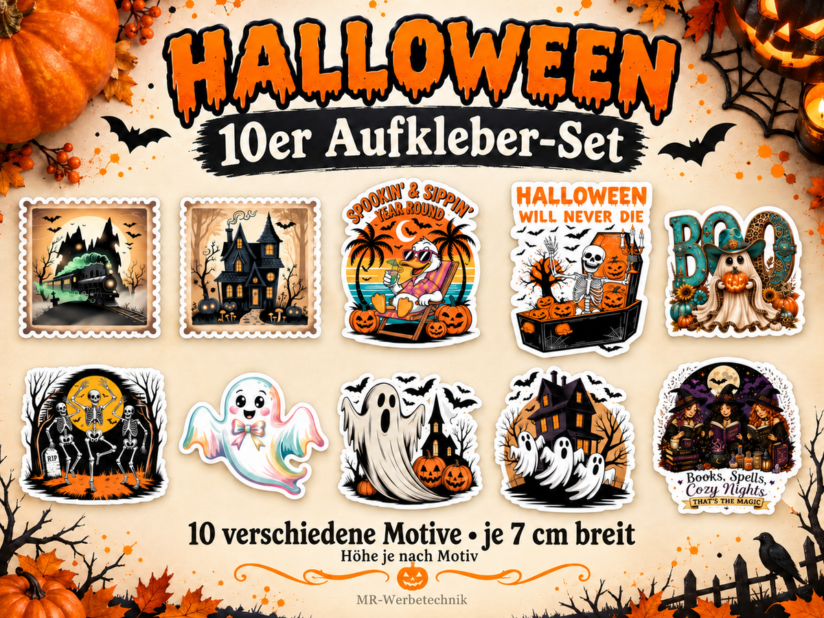 Halloween Aufkleber Set – 10 Sticker mit Geistern, Kürbissen, Skeletten & Spukhaus – ca. 7 cm – Halloween Deko