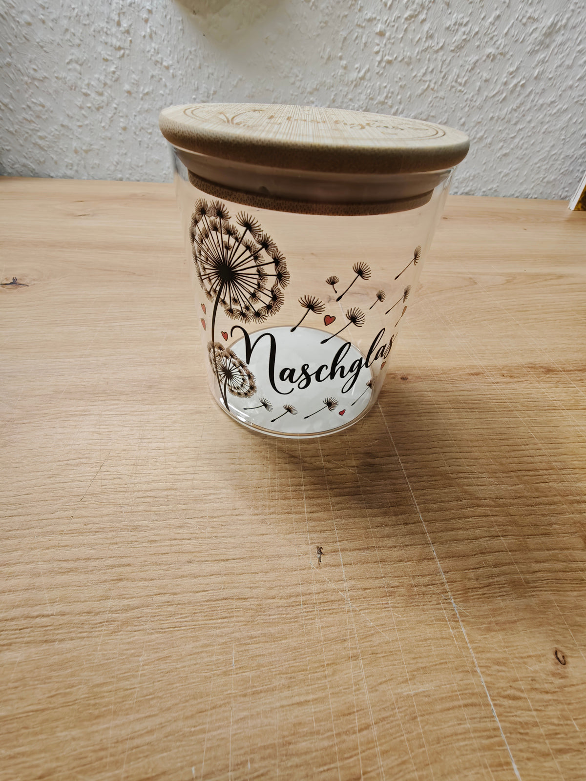 Naschglas 450 ml mit Holzdeckel | Glas für Süßigkeiten | optional mit graviertem Deckel | Geschenkidee | Pusteblumen Design