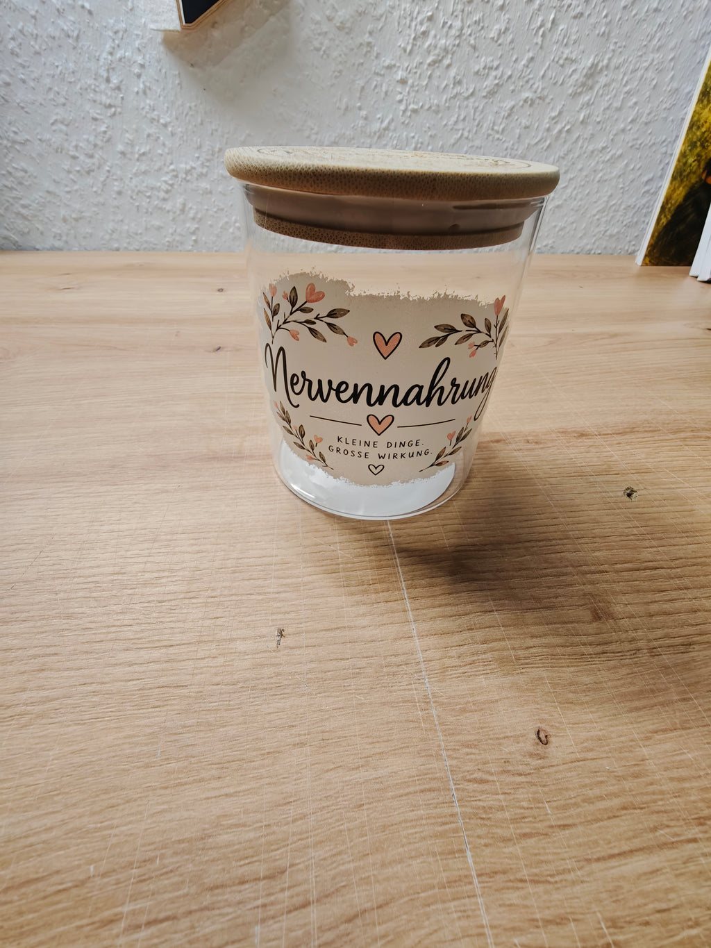 Nervennahrungsglas 450 ml mit Holzdeckel | Süßigkeitenglas | optional mit graviertem Deckel | Geschenkidee | kleine Dinge große Wirkung