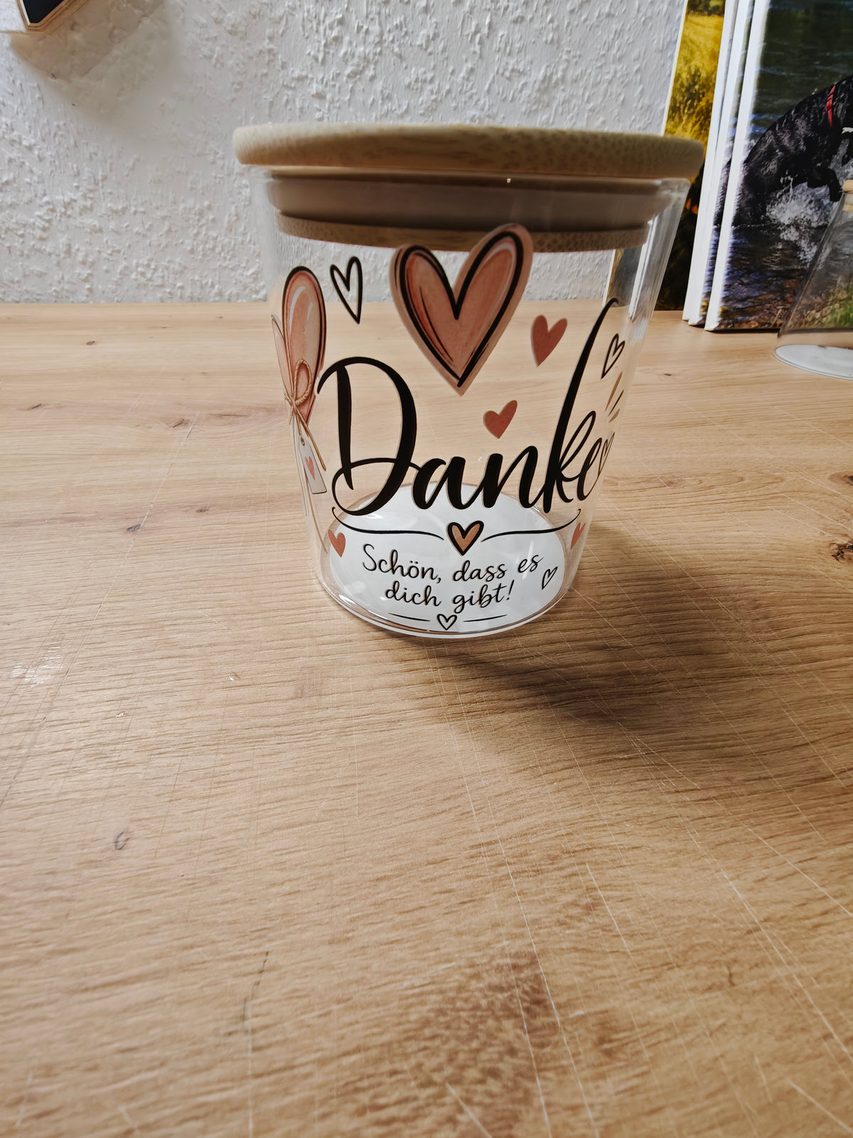 Danke Glas 450 ml mit Holzdeckel | Geschenkidee | optional mit graviertem Deckel | Schön dass es dich gibt | Dankeglas