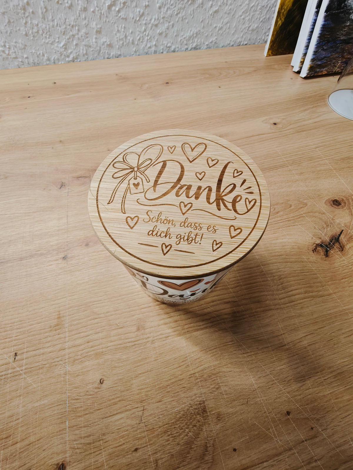 Danke Glas 450 ml mit Holzdeckel | Geschenkidee | optional mit graviertem Deckel | Schön dass es dich gibt | Dankeglas