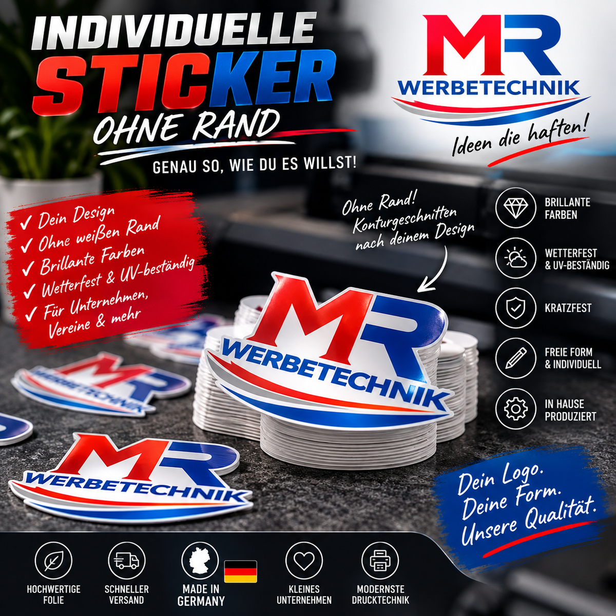 Individuelle Sticker ohne Rand mit Logo | Eigene Aufkleber | Logo Aufkleber | Firmenlogo Sticker | Custom Sticker | Branding Werbesticker