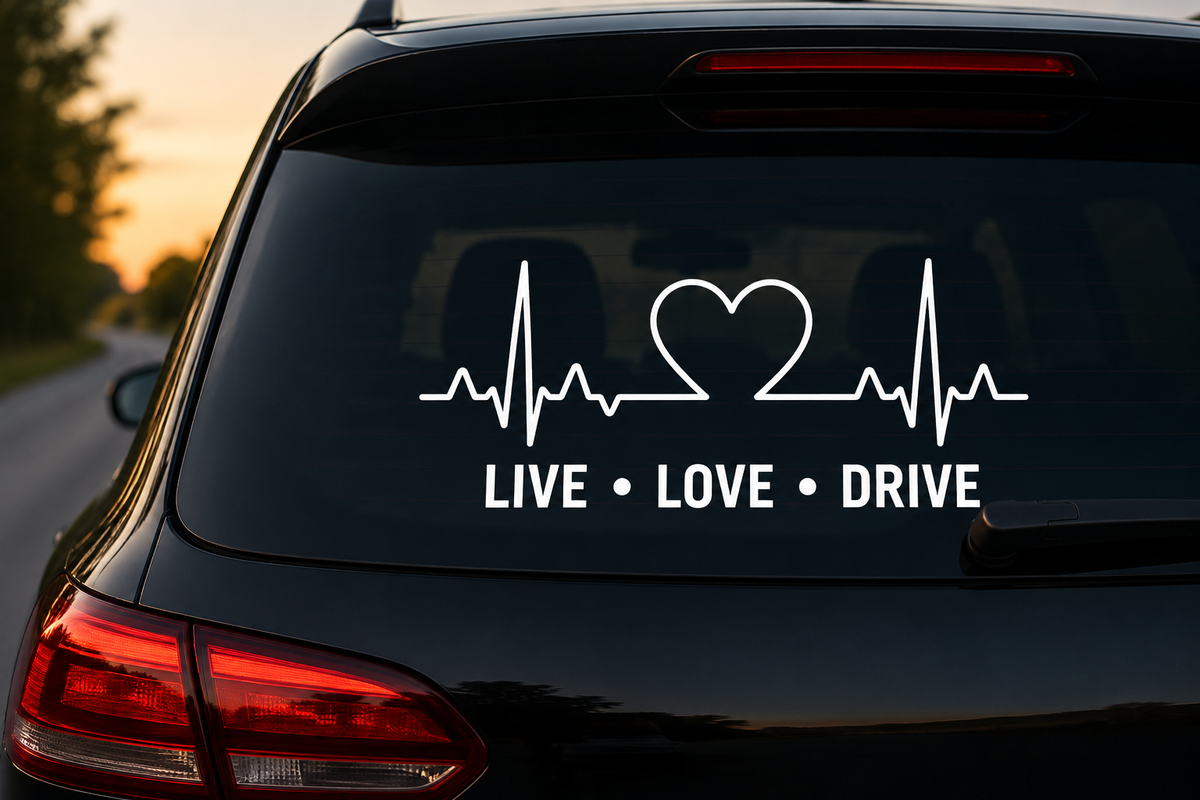 Live Love Drive Autoaufkleber | Herzschlag Sticker | Auto Liebe Aufkleber | Herz EKG Linie | Heckscheibe Sticker | Wunschgröße