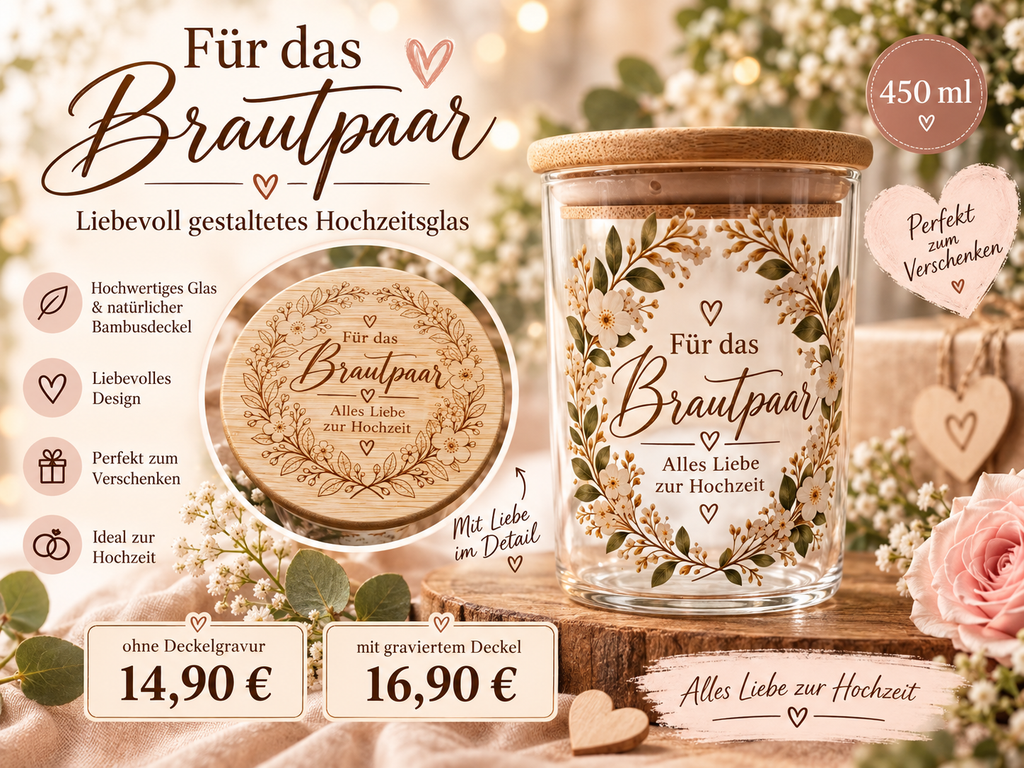 Für das Brautpaar Glas 450 ml mit Holzdeckel | Hochzeitsgeschenk | optional mit graviertem Deckel | Alles Liebe zur Hochzeit