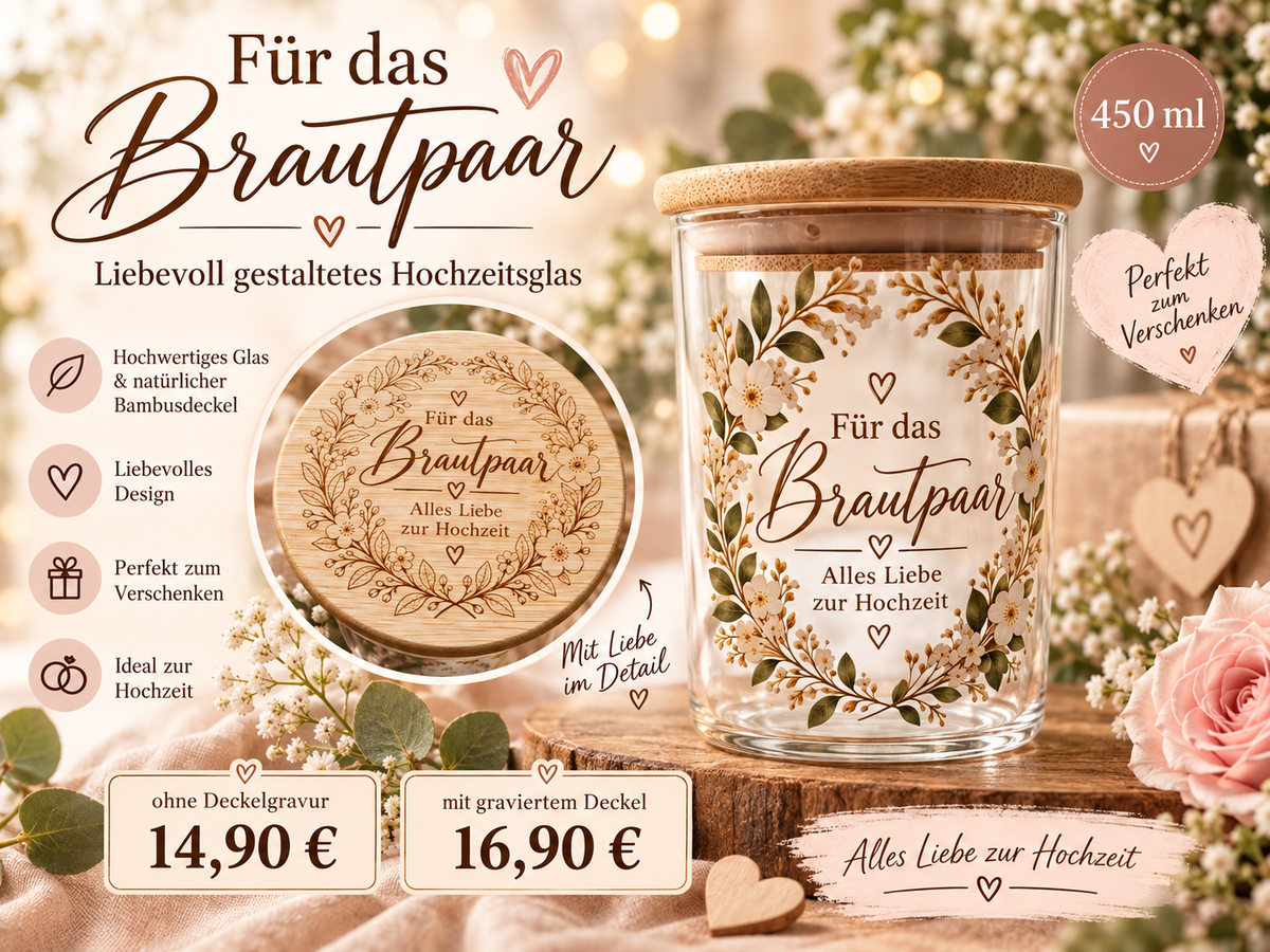 Für das Brautpaar Glas 450 ml mit Holzdeckel | Hochzeitsgeschenk | optional mit graviertem Deckel | Alles Liebe zur Hochzeit