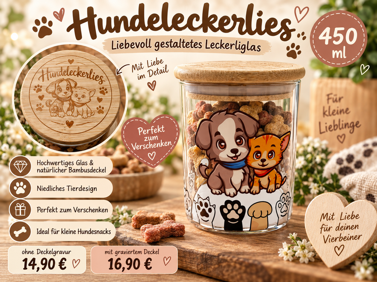 Hundeleckerlies Glas 450 ml mit Holzdeckel | Leckerliglas Hund | optional mit graviertem Deckel | Geschenk für Hundebesitzer