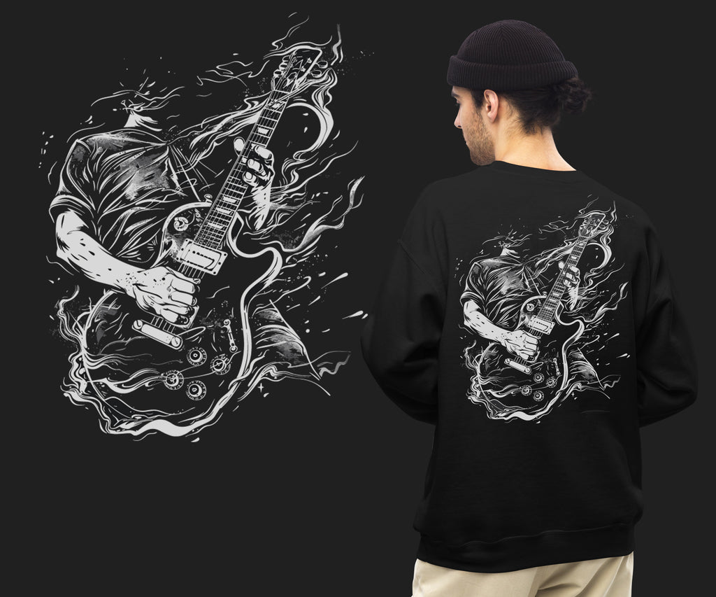 Rock Guitar Sweatshirt – Gitarrist Rückenprint Pullover – Rocker Streetwear Crewneck – Geschenk für Musiker & Gitarrenfans