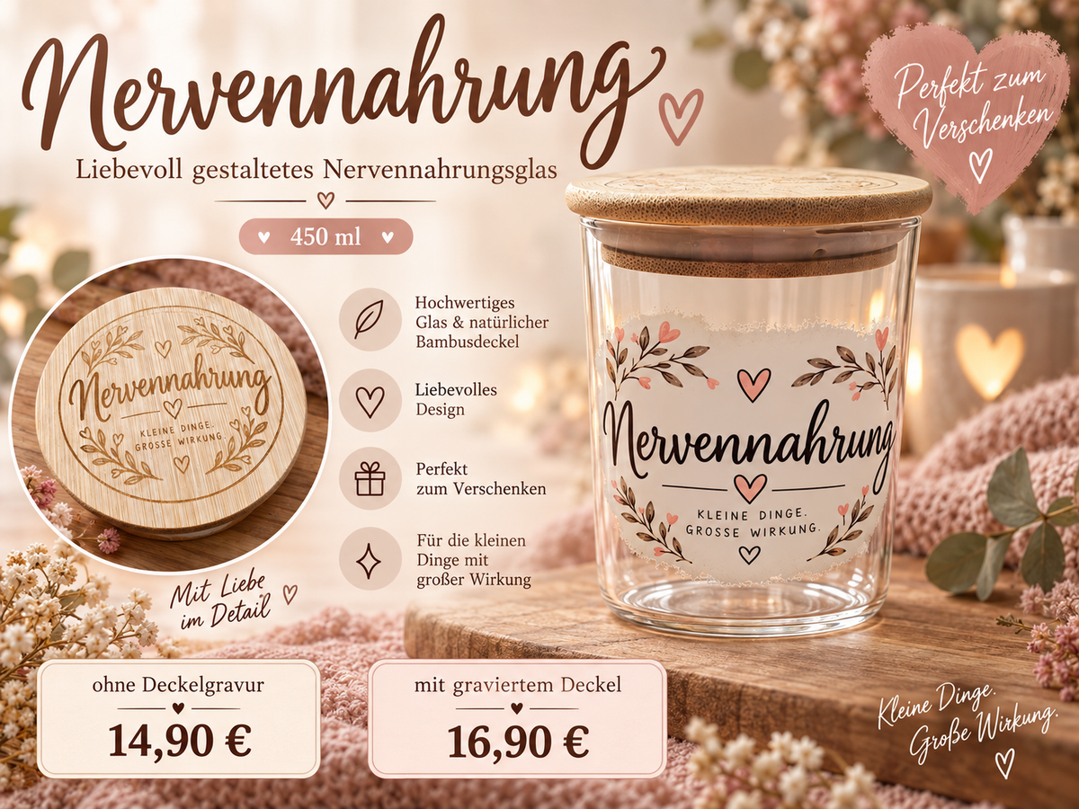 Nervennahrungsglas 450 ml mit Holzdeckel | Süßigkeitenglas | optional mit graviertem Deckel | Geschenkidee | kleine Dinge große Wirkung