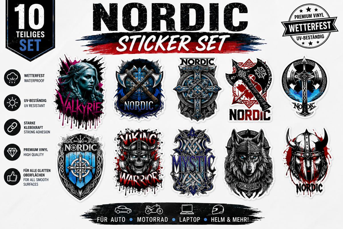 Nordic Sticker Set – Viking Aufkleber Set Wetterfest UV-beständig für Auto Motorrad Laptop Helm Wikinger Sticker