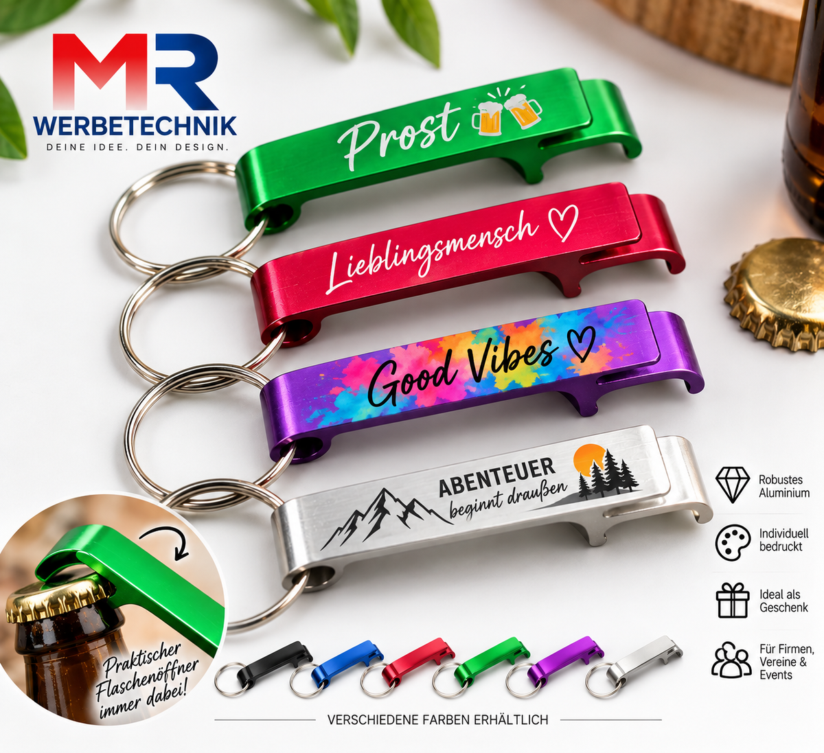 Personalisierter Schlüsselanhänger mit Flaschenöffner – Wunschtext oder Logo – individuell bedruckt