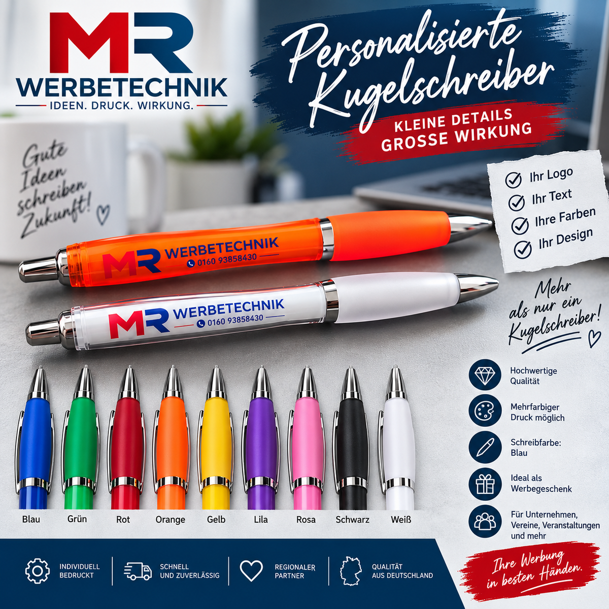 Personalisierter Kugelschreiber mit Wunschtext oder Logo | Kuli bedrucken lassen | Geschenk für Geburtstag, Freunde, Kollegen & Firma