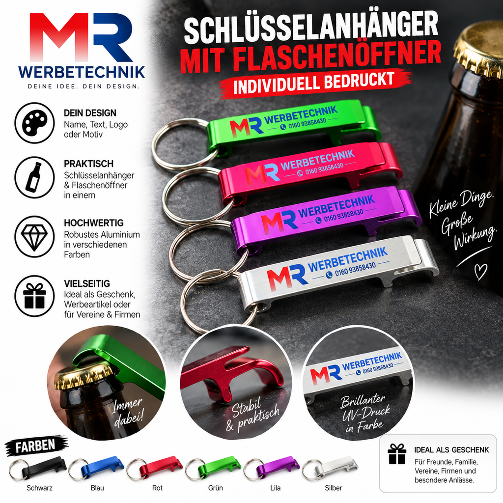 Personalisierter Schlüsselanhänger mit Flaschenöffner – Wunschtext oder Logo – individuell bedruckt