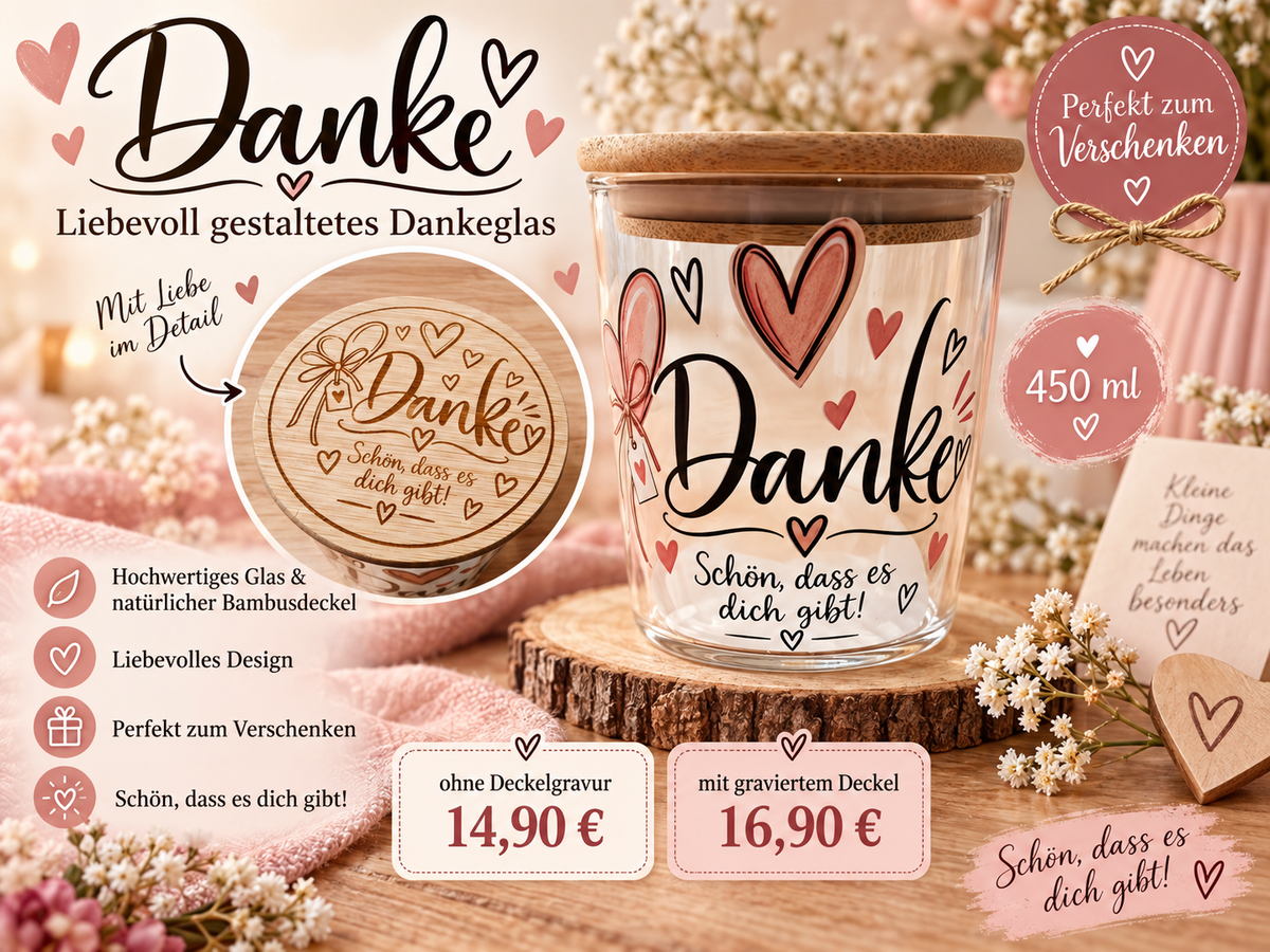 Danke Glas 450 ml mit Holzdeckel | Geschenkidee | optional mit graviertem Deckel | Schön dass es dich gibt | Dankeglas