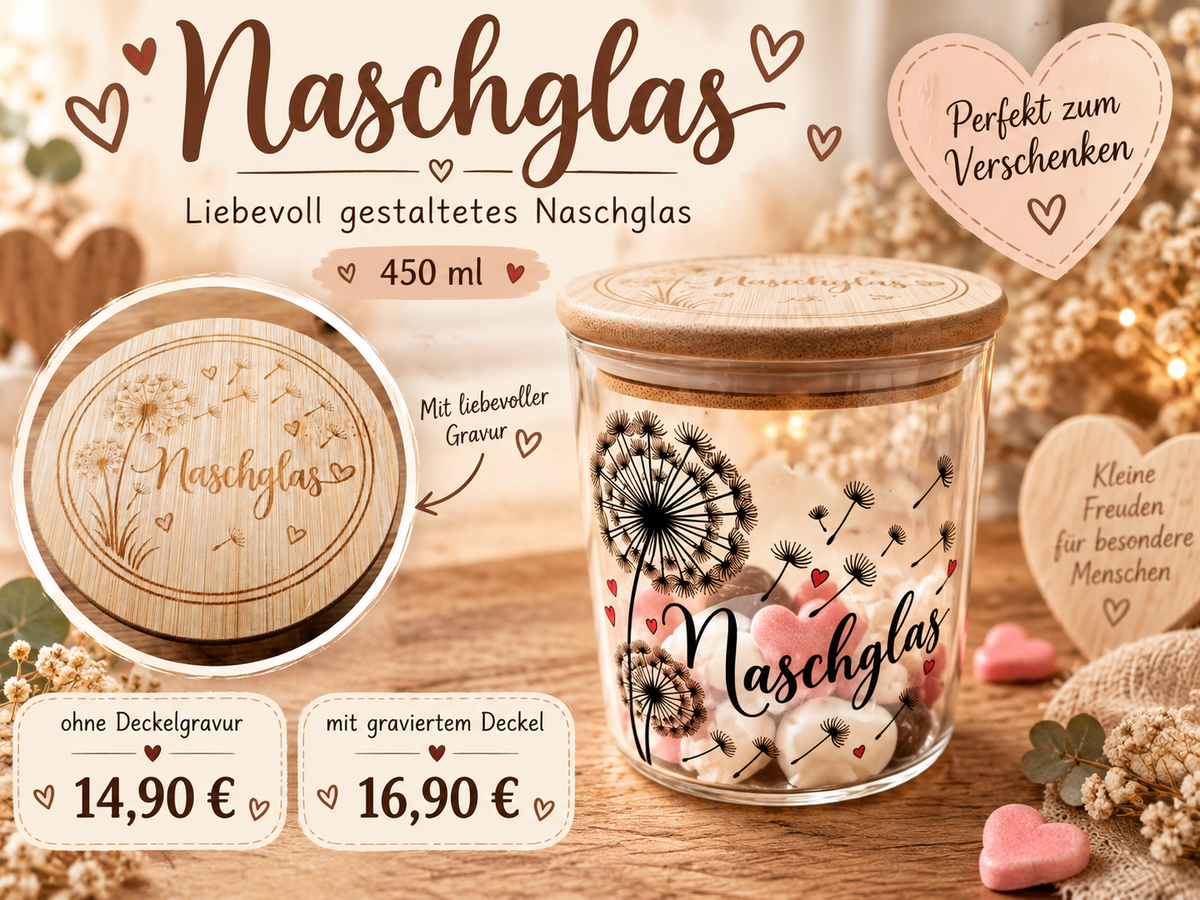 Naschglas 450 ml mit Holzdeckel | Glas für Süßigkeiten | optional mit graviertem Deckel | Geschenkidee | Pusteblumen Design