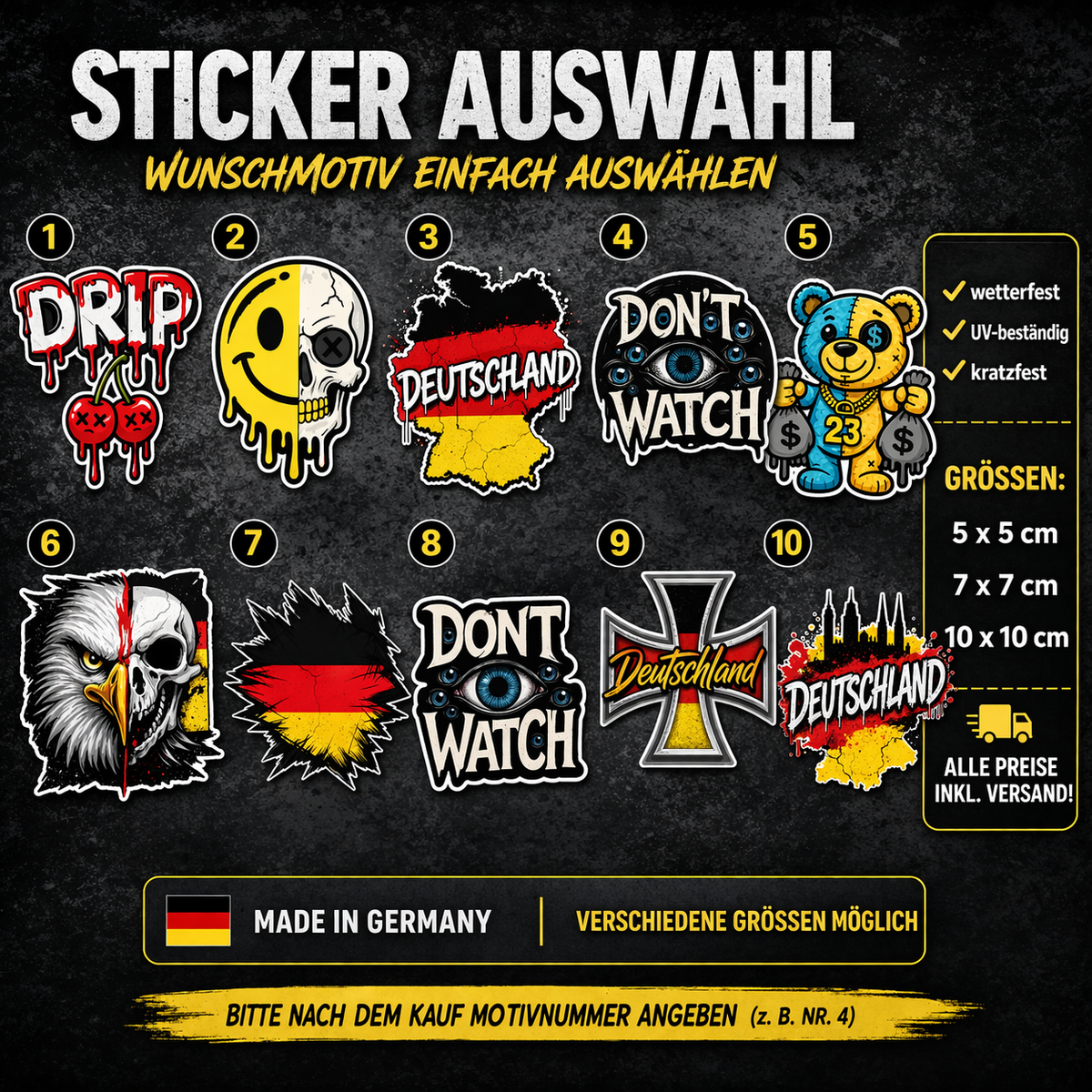 Sticker Auswahl | Wunschmotiv wählen | 5–10 cm | wetterfest | UV-beständig |