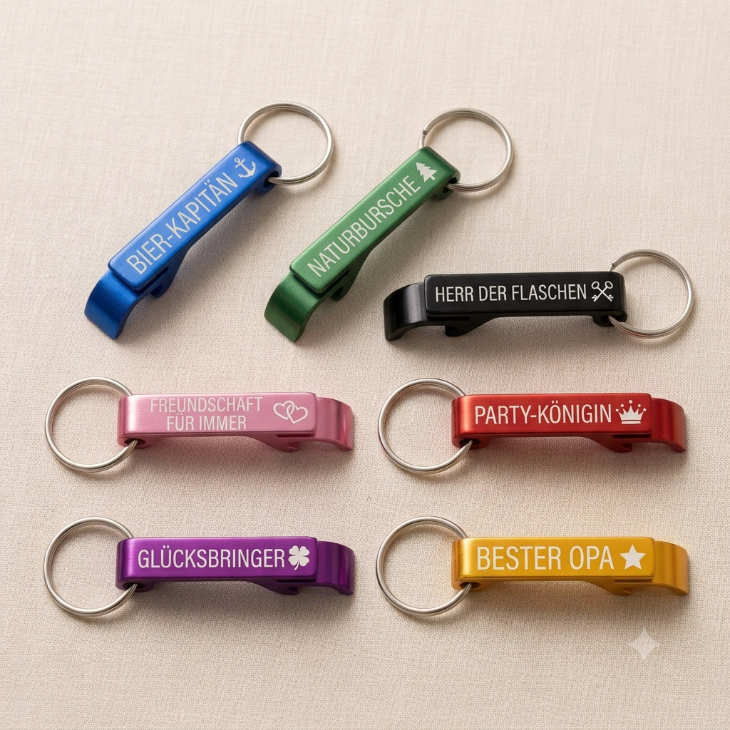 Personalisierter Flaschenöffner Schlüsselanhänger | Gastgeschenk Hochzeit Geburtstag JGA | mit Namen Logo Wunschtext
