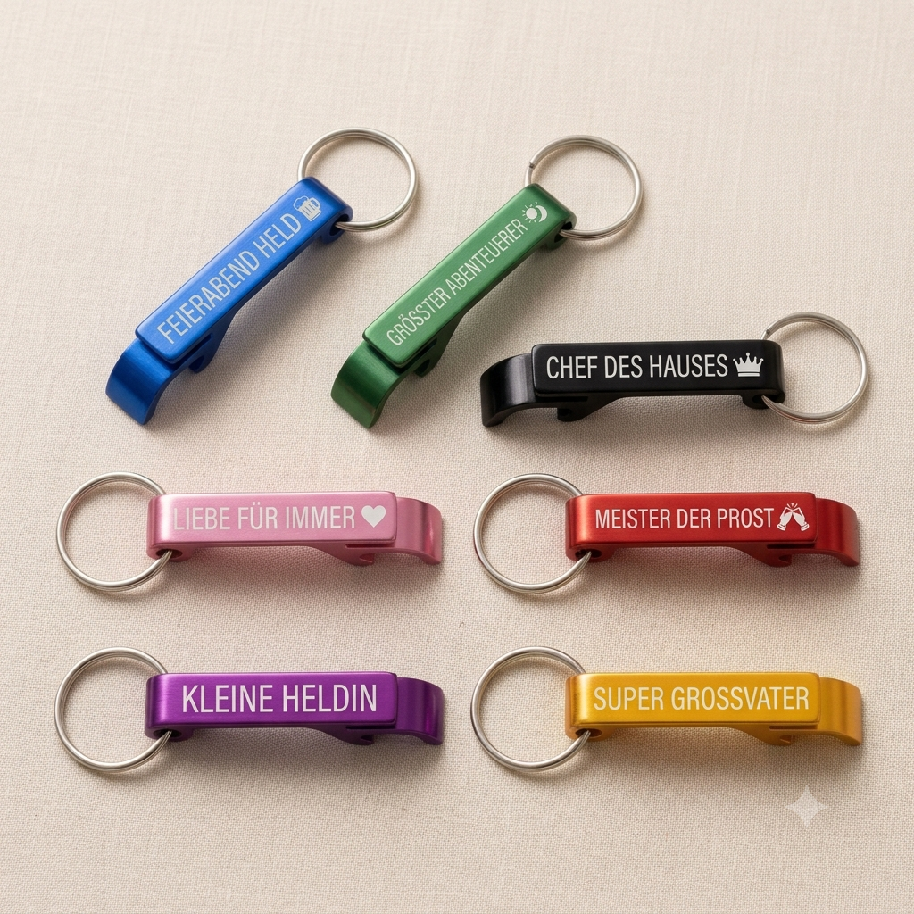 Personalisierter Flaschenöffner Schlüsselanhänger | Gastgeschenk Hochzeit Geburtstag JGA | mit Namen Logo Wunschtext