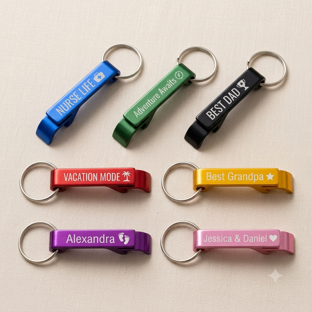 Personalisierter Flaschenöffner Schlüsselanhänger | Gastgeschenk Hochzeit Geburtstag JGA | mit Namen Logo Wunschtext