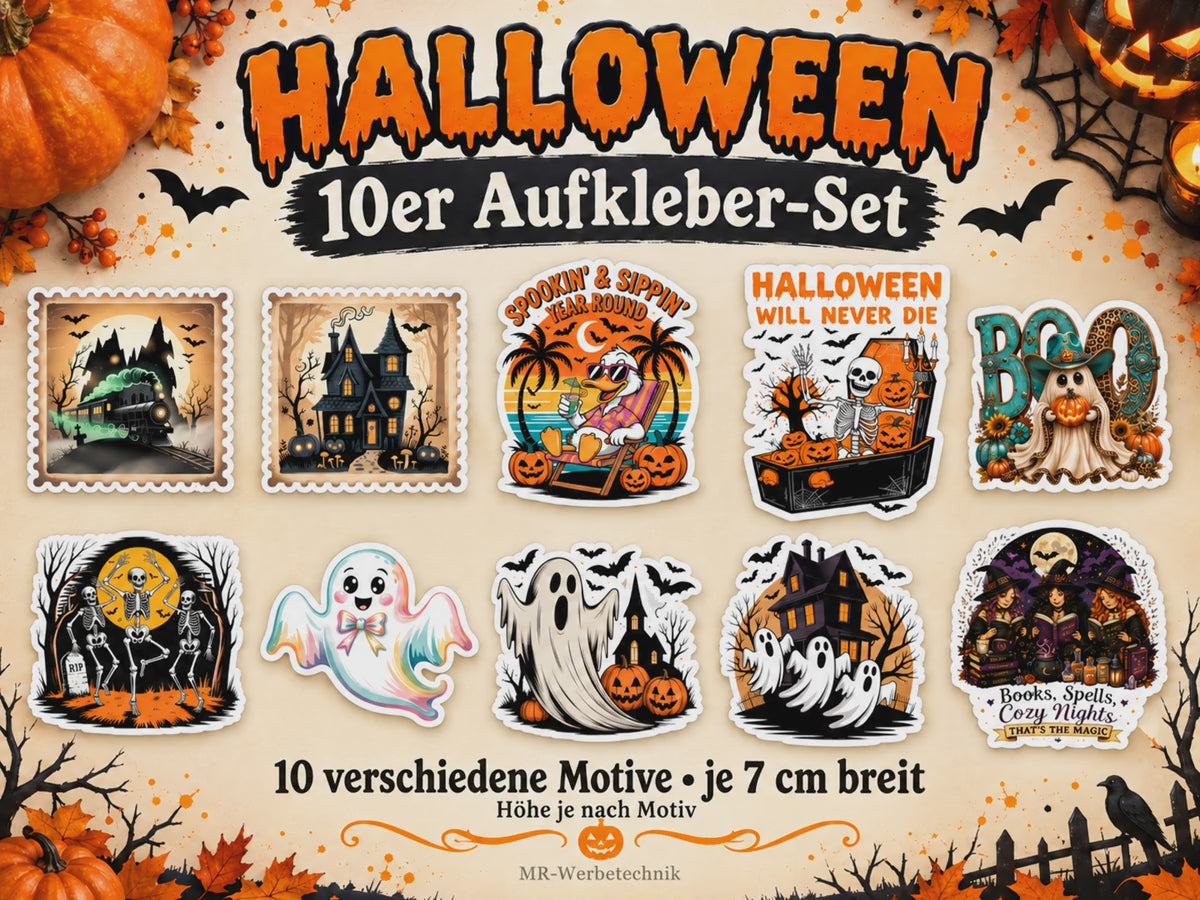 Halloween Aufkleber Set – 10 Sticker mit Geistern, Kürbissen, Skeletten & Spukhaus – ca. 7 cm – Halloween Deko